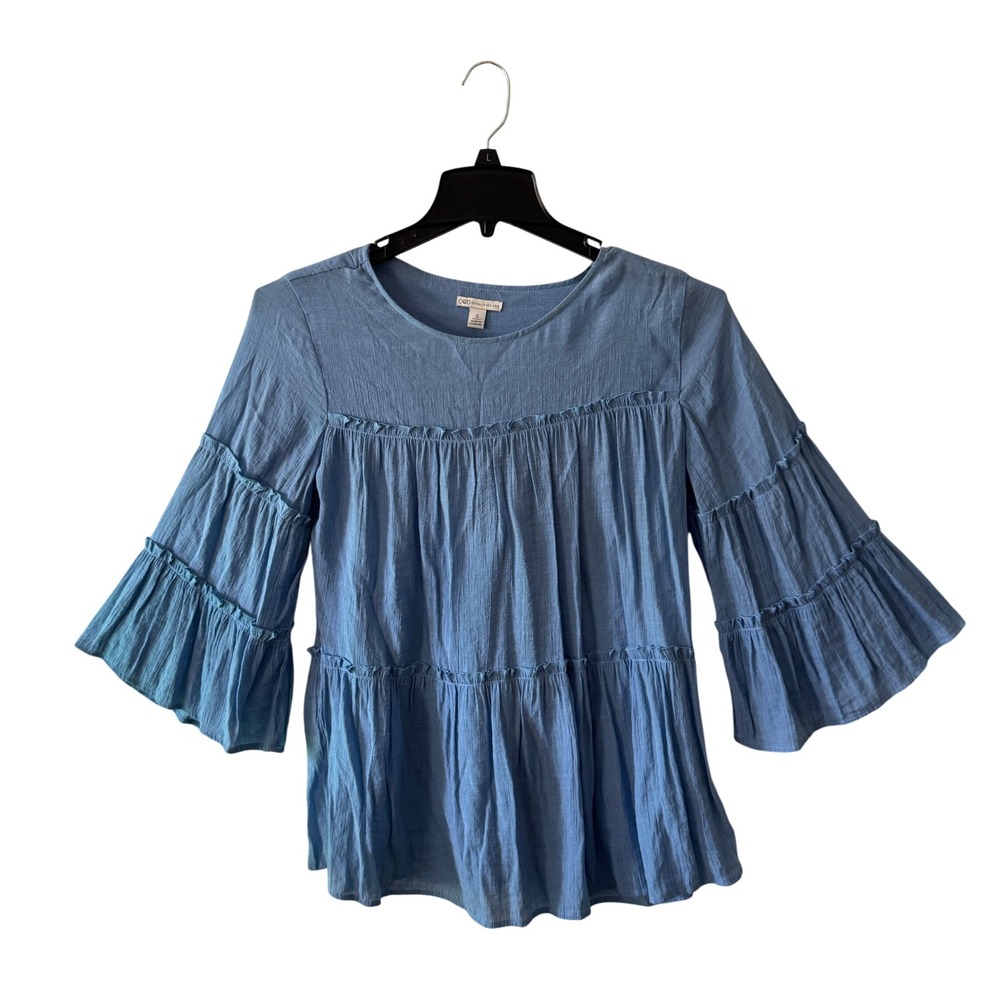 Cato Tiered Peasant Tunic Top Women S Blue 3/4 Bell Sleeve Ruffle Boho Cottage